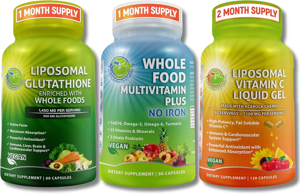 Immune quotidienne, antioxydant et de soutien énergétique – Glutathion liposomique 500mg avec des aliments entiers + vitamine liposomique C 1100mg Gel liquide + Vegan aliments entiers Multivitamine sans fer