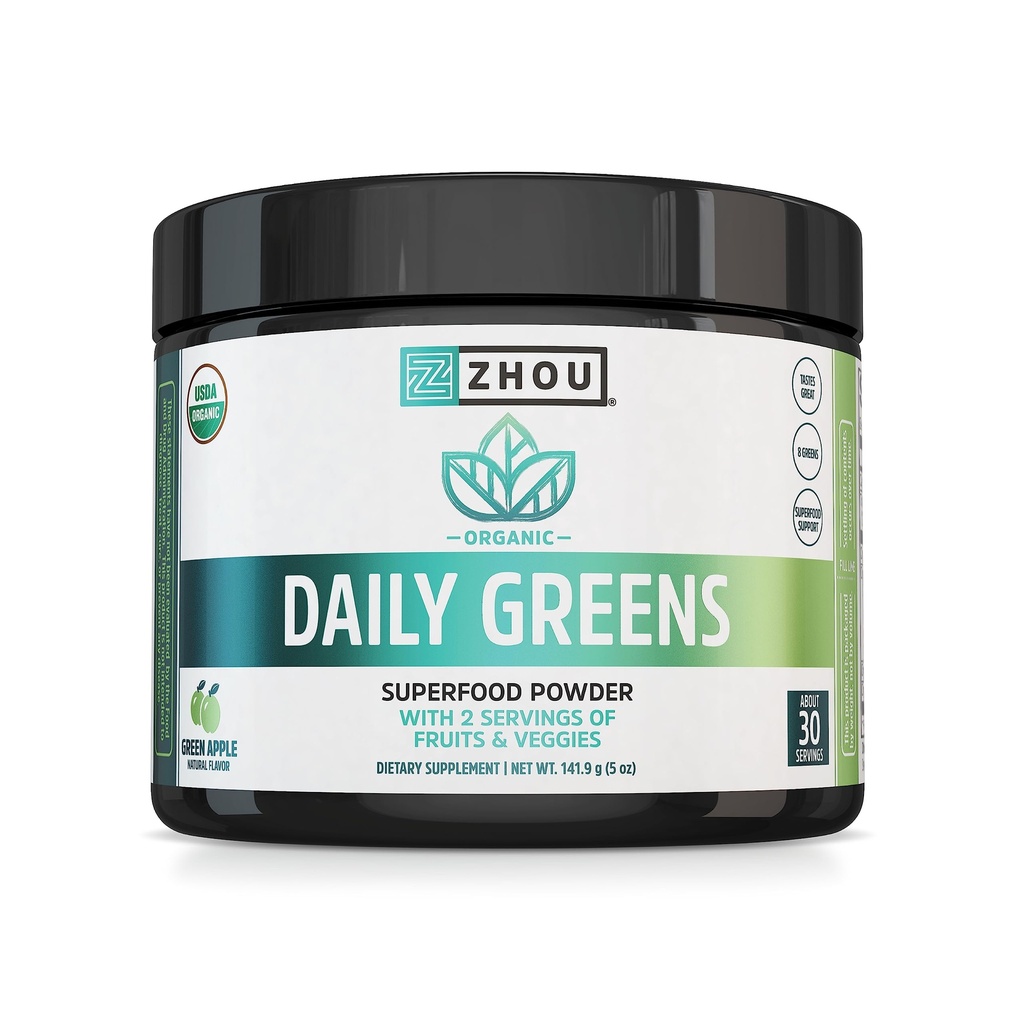 ZHOU Nutrition USDA Organic Supergreens Powder, Superfood Smoothie Juice Mix, Spirulina, Chlorella, Wheatgrass, Kale, Fiber, Immune und Energy Support, Vegan, Non-GMO, 30 Servierungen
