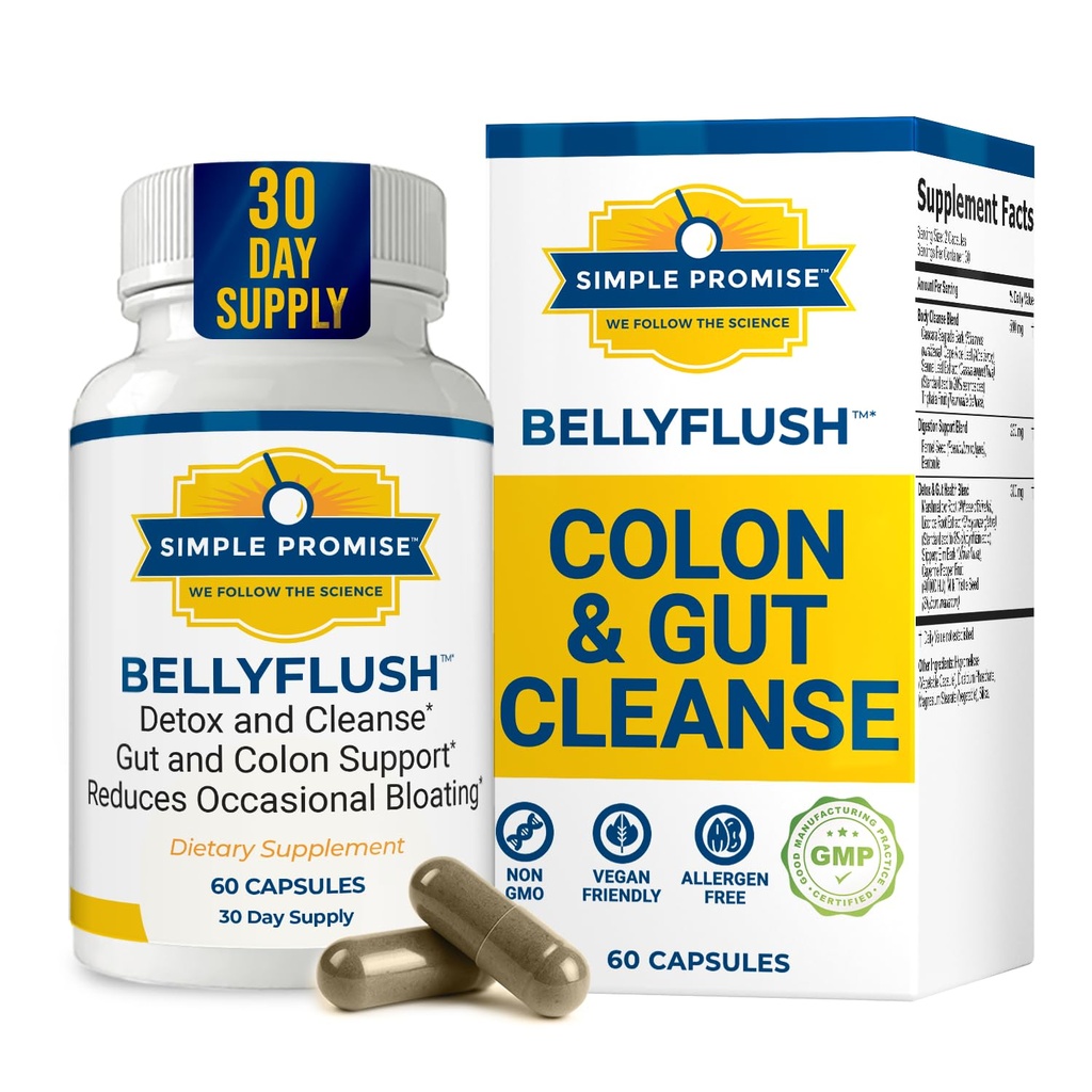 BellyFlush - Gentle Colon & Gut Cleanse Supplement mit Milch Thistle & Bentonite Clay - Unterstützt Verstopfung, Debloat, Digestive Detox & Flushing - 60 Kapseln