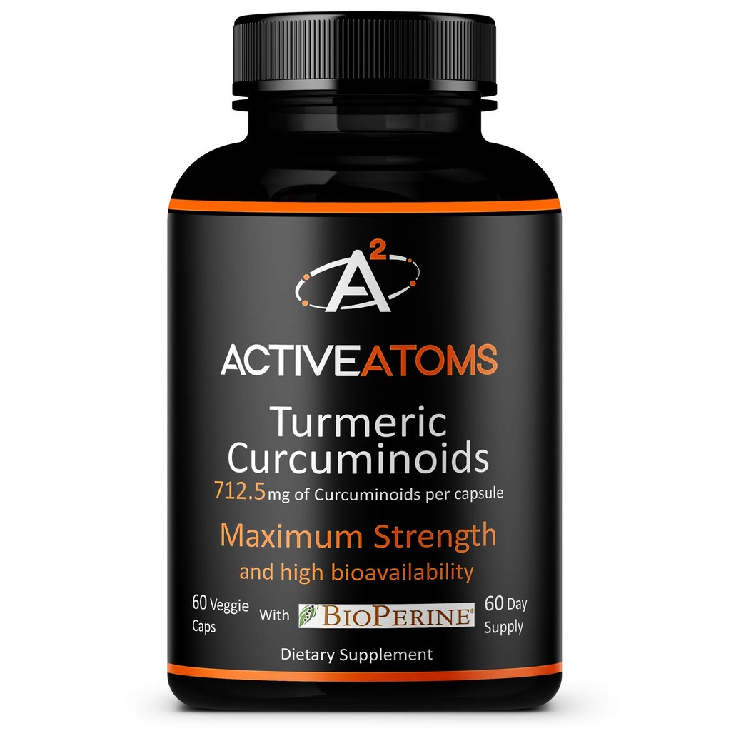 Atomes actifs Extraits de curcuma, extra-résistance avec BioPerine® Black Pepper 750 mg Extraits de curcuma par une gélule de 00 po, Curcuminoides standardisés à 95 %, non-OGM, 60 capsules de légumes 60 jours