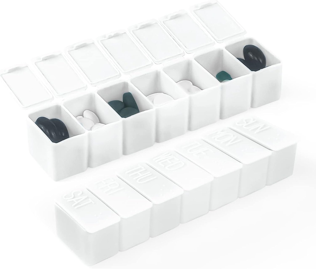 Organisateur hebdomadaire de petites pilules, 7 jours cas de pilule, boîte quotidienne de médicament cas de vitamine, contenants de pilules pour les suppléments de médicaments Huile de poisson(2Pcs,White)