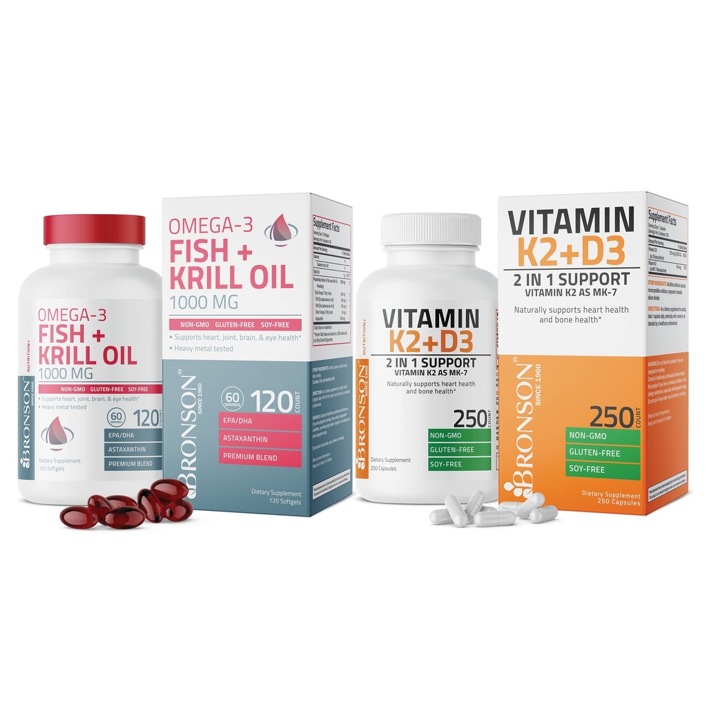 Bronson Vitamin K2 (MK7) mit D3 Ergänzung Omega-3 Fisch + Krill Öl 1000 MG