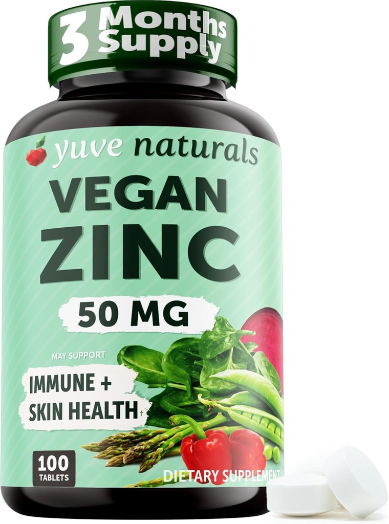 Yuve Naturals Vegan Zink 50 mg - Zink-Gluconat für Immun- und Hautunterstützung - Glutenfrei, Non GMO, Pflanzenbasiert - 100 Einfache bis Schlucktabletten