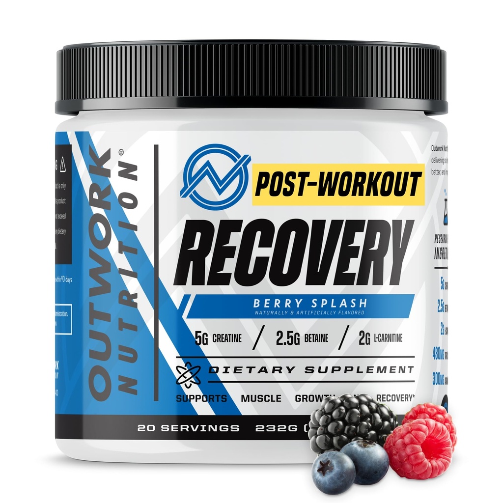 Outwork Nutrition post entraînement Recovery Poudre - Créatine monohydratée, KSM-66 Ashwagandha & Tart Cherry - Rapids Recovery, Soulagement de douleur - Poudre de créatine pour les hommes et les femmes, Berry Splash, 240 Gr