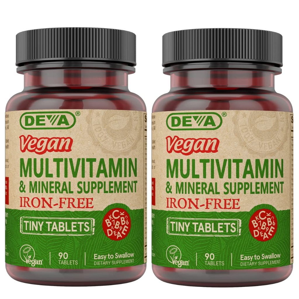 DEVA Vegan eisenfreie Multivitamin & Mineral Supplement 2-Pack, Vitamin C, D2, E & B-Komplex, Biotin, 90 Tiny Tablets Jede