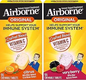 Airborne 1000mg Vitamin C Chewable Tablets Citrus & Very Berry Flavor Bundle - Integratore di supporto immunitario con Zinco e Vitamine Antiossidanti Potenti A C & E, (2x96 bottiglie)*
