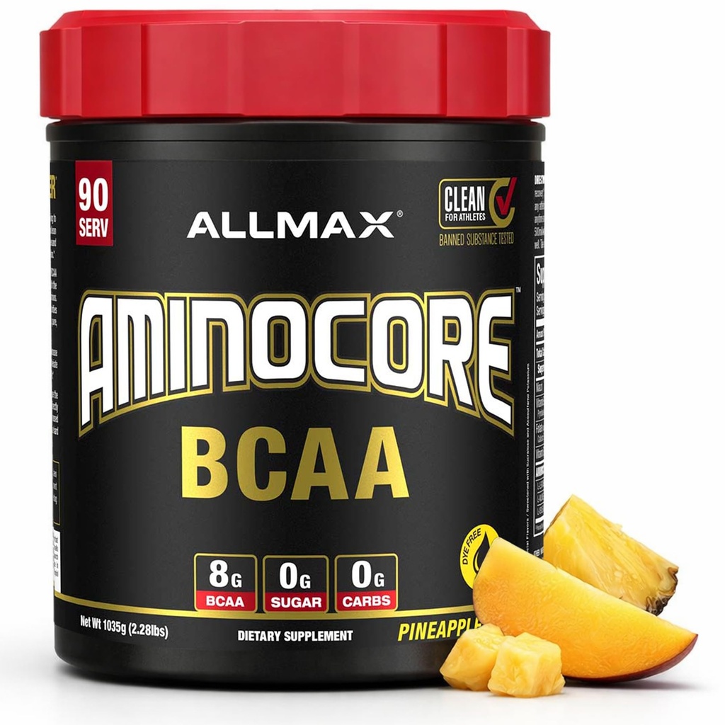 ALLMAX Nutrition AMINOCORE BCAA, Ananas Mango - 945 g Polvere - 8.18 Grammi di aminoacidi a catena ramificata per servire - con vitamine B - Nessun filler o aminoacidi non-BCAA - Sugar Free - 90 Servings