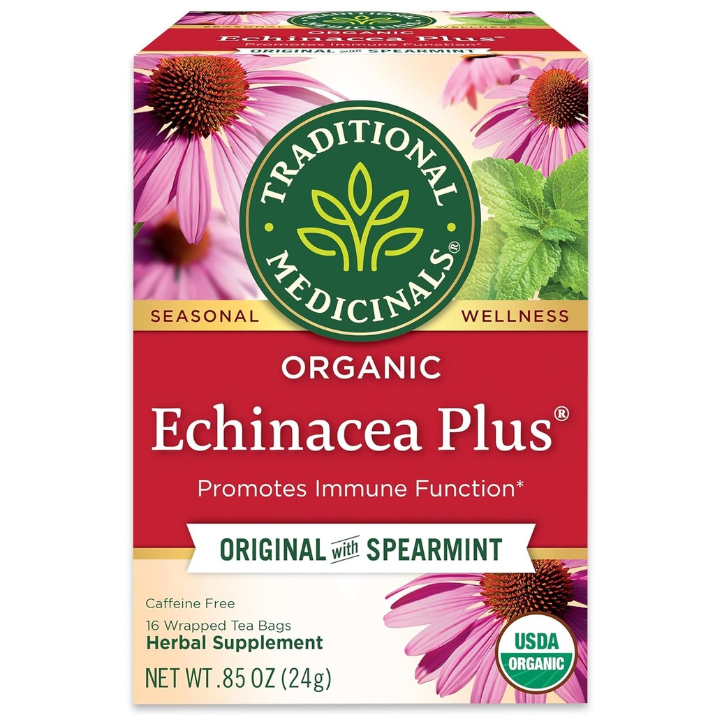Medicinali tradizionali Echinacea organica Plus con tè erbe spearmint, promuove la funzione immunitaria, (Pack of 1) - 16 sacchetti di tè