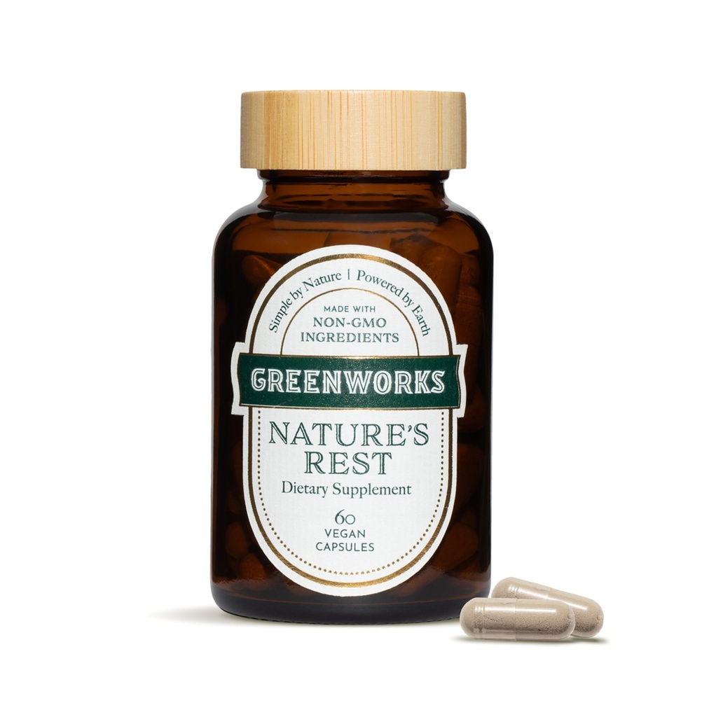 Greenworks Nature's Rest Melatonin Free Sleep Aid - Organic Herbal Supplement con Ashwagandha & Valerian Root - Capsule Vegan, 60 Count.