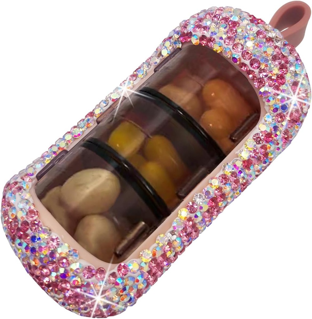 Organisateur de pilules Bling - Boîte à pilules compactes et mignonnes pour la purée - Élégant étui à pilules avec un design scintillant - Support de médicaments amis des voyageurs - Organisateur de pilules Slide in/Out (Pink)
