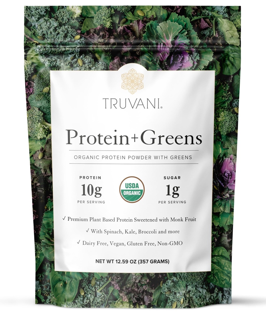 Truvani Protein + Greens Supplement | Spinat, Kale & Broccoli | 10g Organic Plant Based Protein | 20 Servierungen | USDA Organic | Gluten & Dairy Free | Vegan | Ohne Zucker hinzugefügt