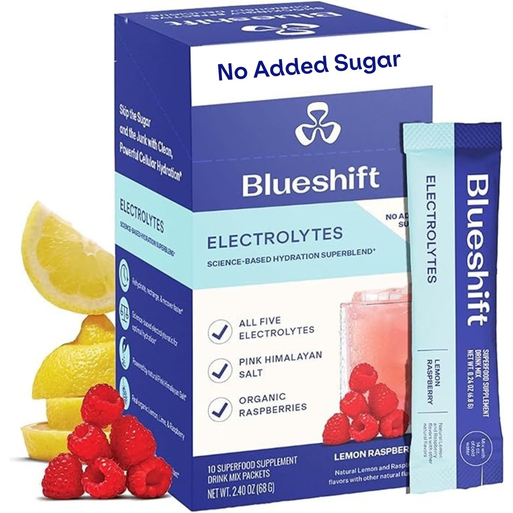 Elettroliti Blueshift - Pacchetti di polvere di elettroliti naturali, Confezioni di idratazione organica, Bastoncini di miscela di elettroliti con nessun zucchero, Confezione di singola dose - Limone Raspberry Flavor, Bastoncini di polvere (10 Pack)