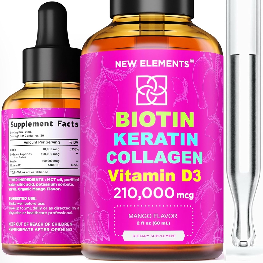 Biotine liquide Kératine collagène peptides et vitamine D3 pour la croissance des cheveux MCT huiles gouttes 210.000mcg – Formule puissante pour la peau et les ongles des cheveux, le supplément de croissance des cheveux le plus avancé pour les femmes et les hommes