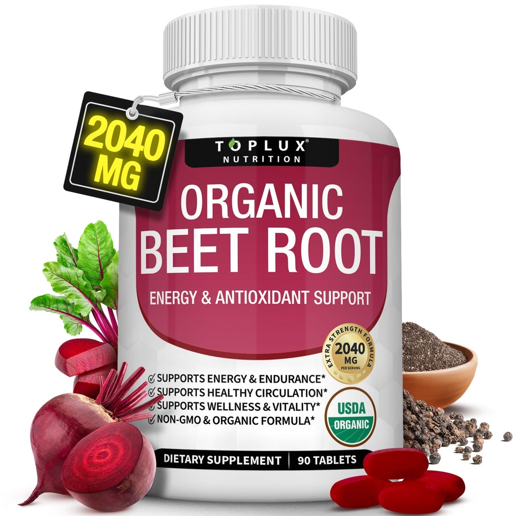Organic Beet Root Powder Tablets - 2040mg natürliche Nitric Oxide Beets zu unterstützen, Energie, Schwarz Pfeffer besser Absorption, Non-GMO, für Männer Frauen, 90 Tabletten