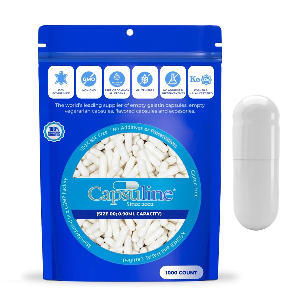 Capsuline Größe 000 - Farbige weiße leere Gelatine Kapseln - 1000 Graf - Leere Gel Pillen Kapseln - DIY reine Bovine Pille Füllung - Leere Kapseln - Kosher und Halal zertifiziert - Nicht-GMO zertifiziert