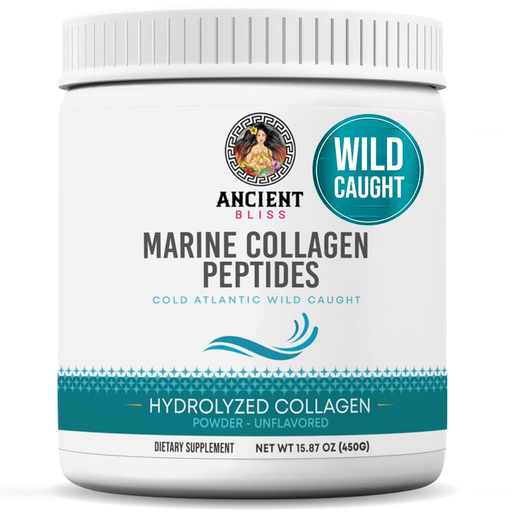 Ancient Bliss Wild-Caught Marine Fish Collagen Peptides Pulver, Flavorless Collagen Protein Supplement mit Typ 1, Non-GMO, Gluten-Free, Aminosäure Supplement für Haut, Haare und Nägel, 15.87 Oz