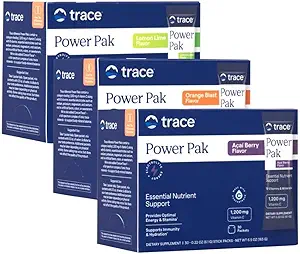 Trace Minerals Power Pak Multivitamin e Multimineral Packets - Electrolyte Support - 1200 mg Vitamin C Plus 70 Orange Blast, Lime Limo e Acai Berry Variety - 90 Packets