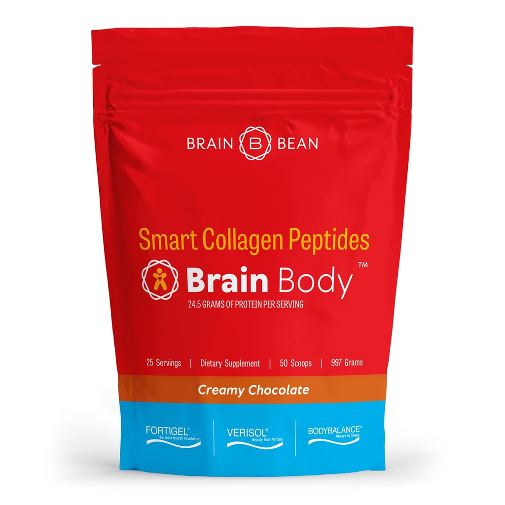 Brain Body Collagen Peptides Powder - Vitalprotein & Collagen Supplement für Damen & Herren - Hydrolysiert Typ I & III für Haarhaut, Nägel & Gelenkgesundheit - 25 Servierungen - Creamy Natural Chocolate - 997g