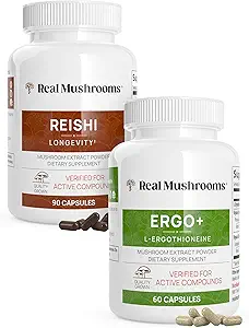 Real Mushrooms Ergothioneine (60ct) e Reishi 415 (90ct) Bundle con Shiitake e Oyster Mushroom Extracts - Longevità e Relax -Vegan, Gluten Free, Non-GMO - Supporto naturale per l'invecchiamento sano