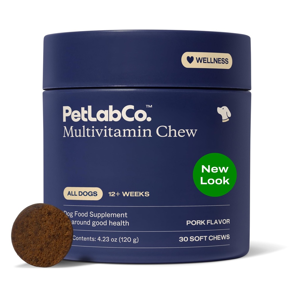 PetLab Co. 22 in 1 Cane Multivitamin - Supporto Risposte immunitarie del cane, Pelle, Cappotto, Giunti & Salute complessiva - Vitamine A, E, D, B12, Minerali, Antiossidanti - Aroma di maiale masticabile - Confezione Vary