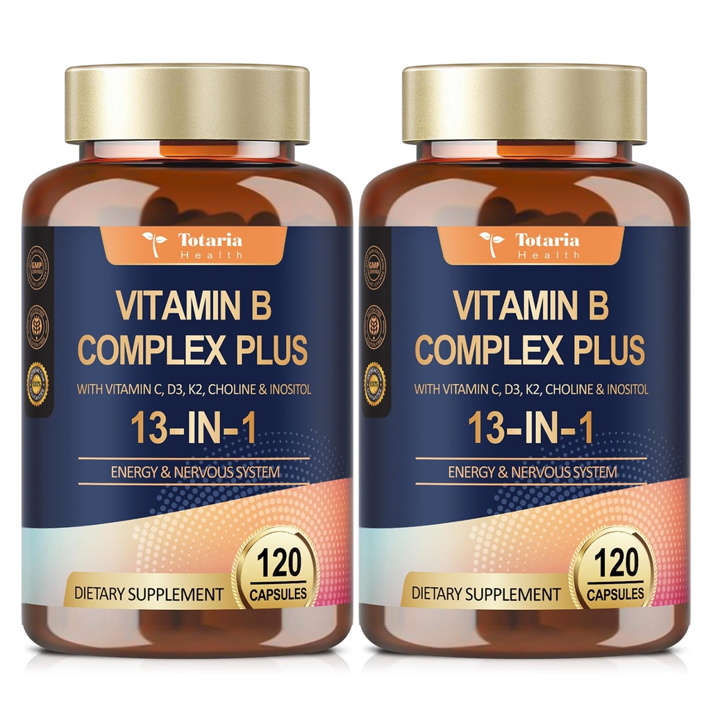 13-in-1 Vitamin B Complex Plus mit Vitamin B1, B2, B3 (Niacin), B4, B5, B6, B7 (Biotin), B8 (Inositol), B9 (Folate), B12, C, D3, K2 für Energie, Nerve, Immune, Haut - 120 Caps pro Flasche - 2 Flaschen