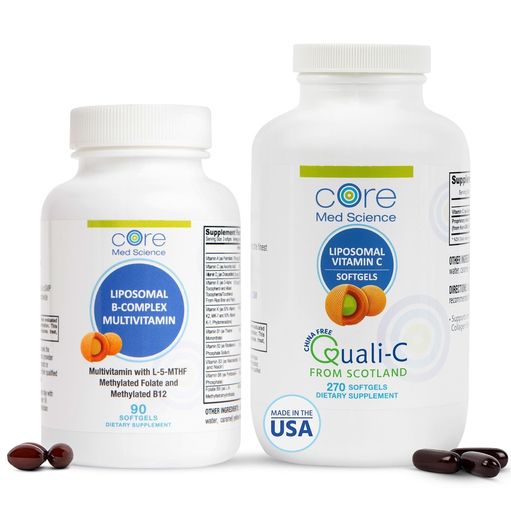 Core Med Science Liposomal Vitamin B-Komplex & Vitamin C 1000mg Weichgel Bundle für Herzgesundheit & Immunsystem