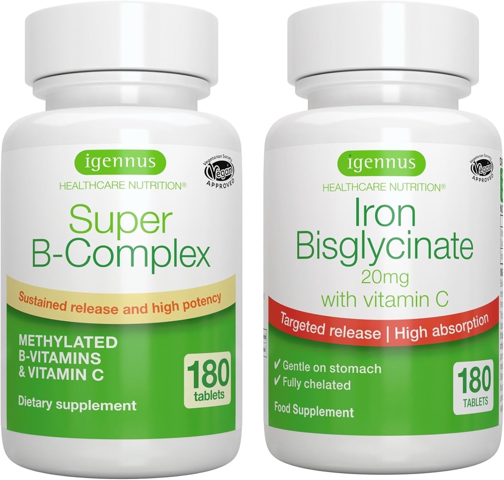 Super B-Complex & High Absorption Eisen Bisglycinat 20mg mit Vitamin C, Vegan Bundle, Methylierte Sustained Release B Complex & Gentle One-a-Day Iron mit Targeted Release, von Igennus