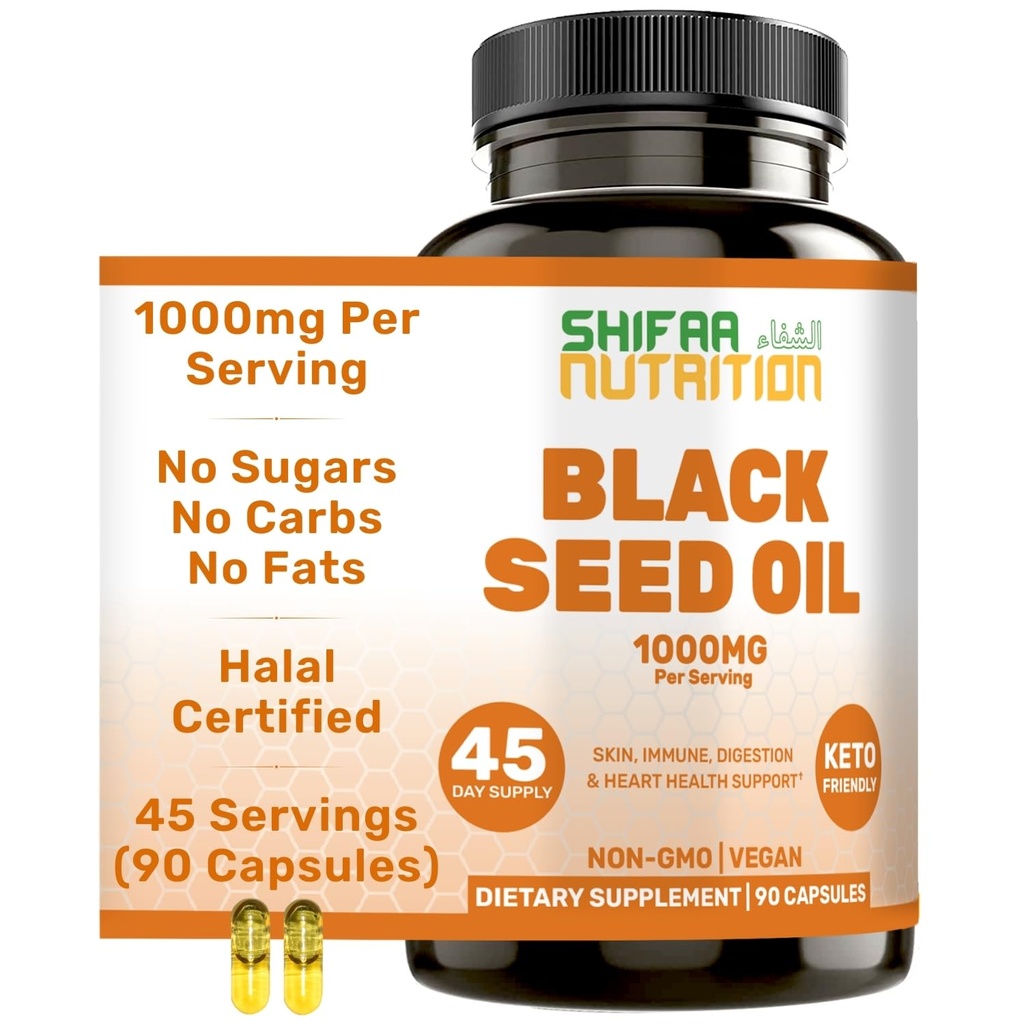 SHIFAA NUTRITION Halal Black Seed Oil | 1000mg 45 Servierungen | Nigella Sativa, Kalonji | Unterstützt Haar, Haut, Gelenke, Immune, Herz, Verdauung