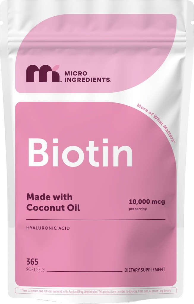 Micro Ingredienti Biotina 10.000 mcg con Acido Ialuronico 25 mg Per Serving | Fatto con Olio di cocco | 365 Softgels | 1 Per giorno | Fornitura di un anno | Non OGM & Gluten Free
