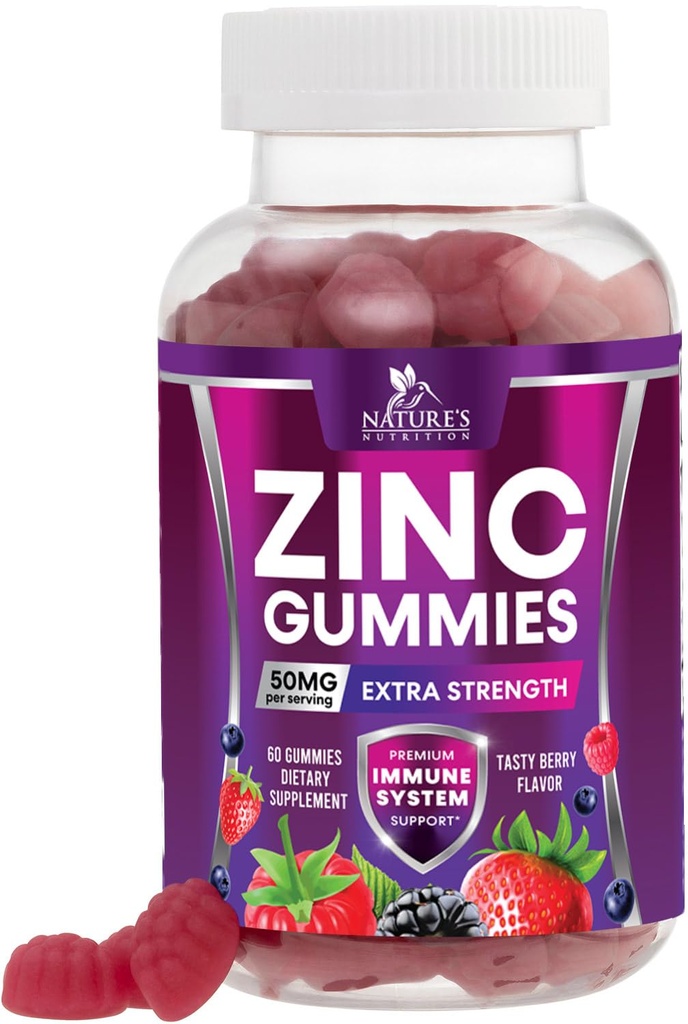 Zinc Gummies 50mg - Bone Skin & Immune Support Health Gummy & Premium Antiossidante Chewable for Adults - Alto assorbimento Vegan, Gluten Free Zinc Supplements Vitamin - Tasty Berry Flavor - 60 Gummies