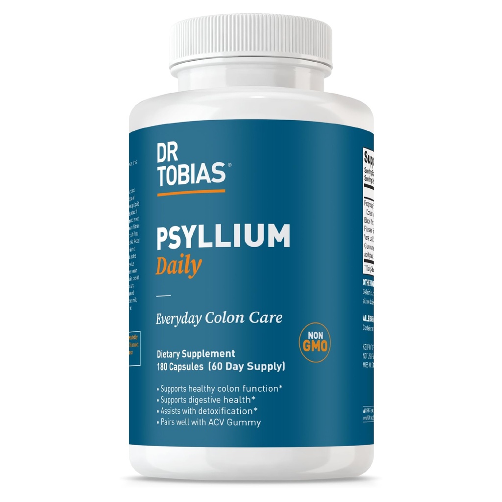 Dr. Tobias Psyllium Daily, unterstützt Gesunde Bowel-Bewegung, Psyllium Husk Kapseln mit Bentonite Clay, Flaxseed & Natural Ingredients, Daily Fiber Supplement zur Unterstützung von Colon Health, 180 Kapseln