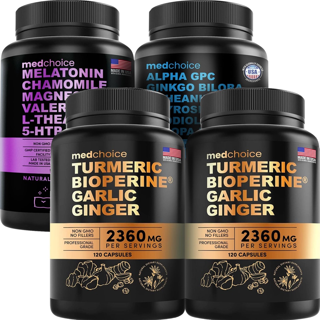 MEDCHOICE Turmeric & Ginger (240ct), Melatonina Dormire (90ct), e Cervello Nootropic (60ct) Supplemento Bundle - Trio Benessere per Cervello, Sonno, & Supporto Immune - Vegan, Non OGM, Senza glutine