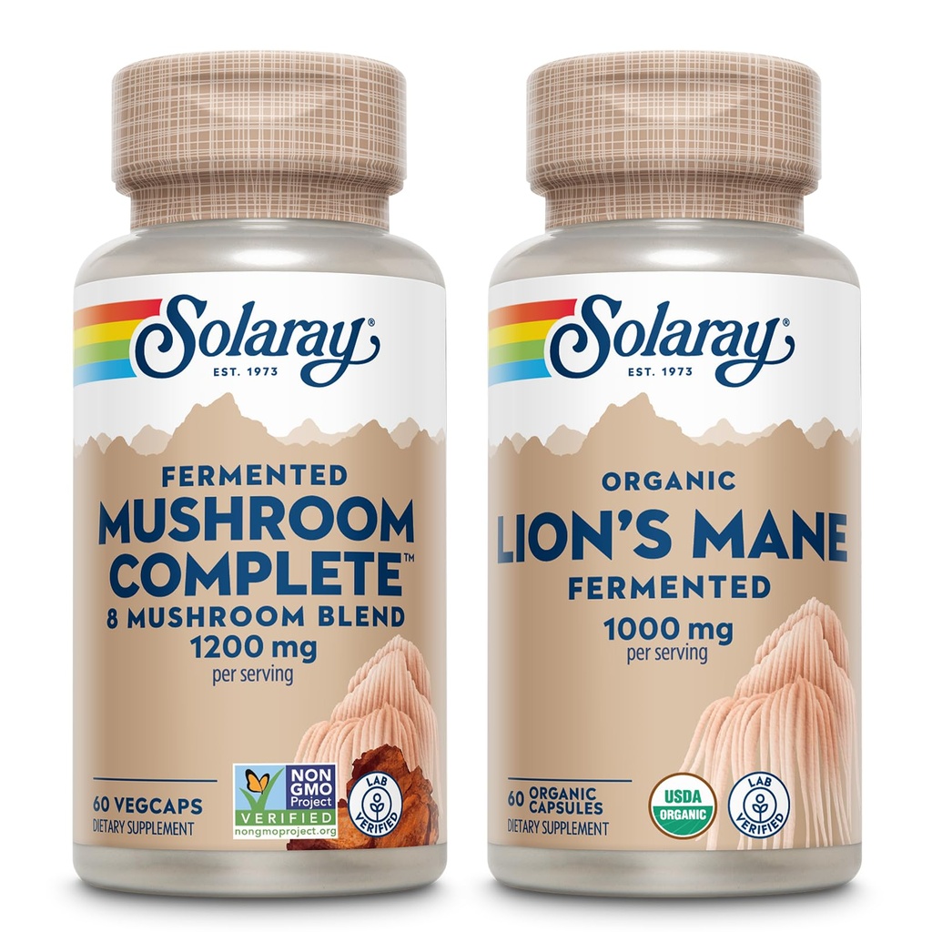 SOLARAY Mushroom Complete and Lions Mane Mushrooms Bundle - 8 Mushroom Supplement Plus Organic Lion's Mane - Fermented for Enhanced Absorption and Whole Body Wellness, 60-Day Garantie, 60 VegCaps Ea.