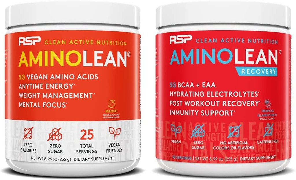 RSP NUTRITION Vegan AminoLean Pre Workout Energy (Mango 25 services) avec AminoLean Recovery Post Workout Boost (Tropical Island Punch 30 services)