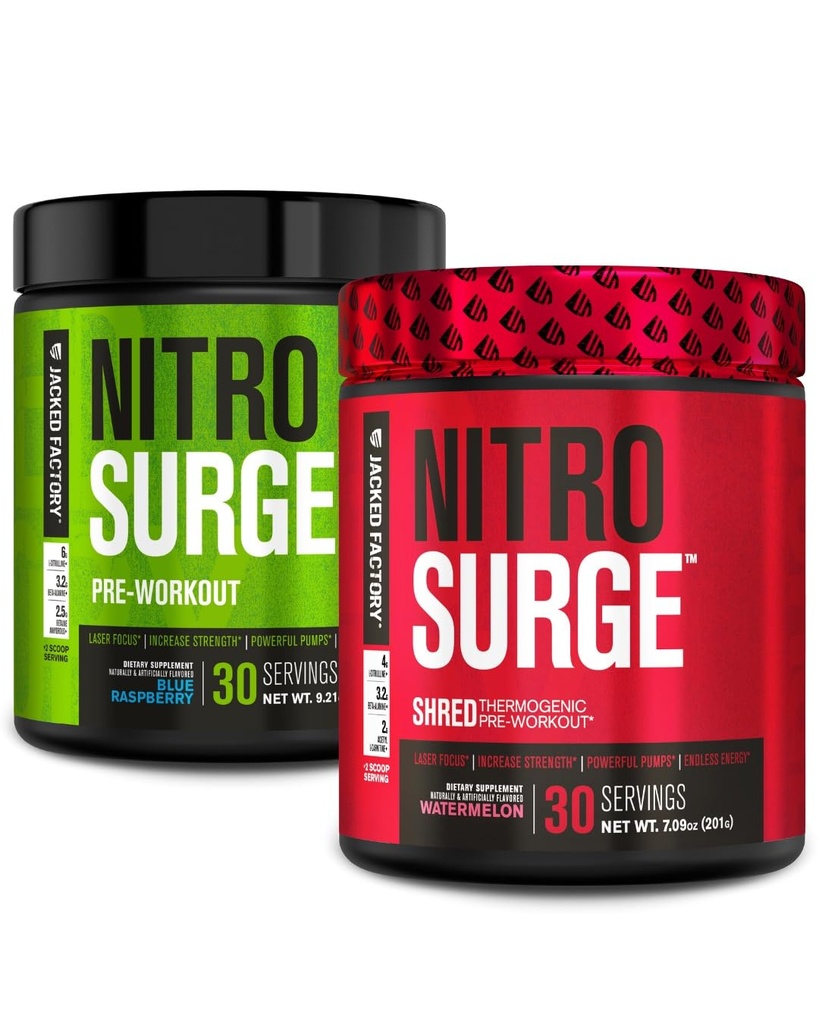 Pré-entraînement à la nitrosurge d'usine Jacked dans la framboise bleue et la pastèque Nitrosurge Pré-entraînement thermogénique Shred pour hommes et femmes