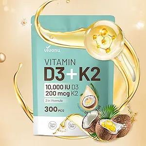 Vitamin D3 K2 10000 IU mit MK7-300 Virgin Coconut Oil Softgels, 2 in 1 Vitamine D & K Complex | Vitamina D3 con K2 | Unterstützt Kalziumabsorption, Knochen, Immune, &amp; Herzgesundheit – einfach zu schwanken