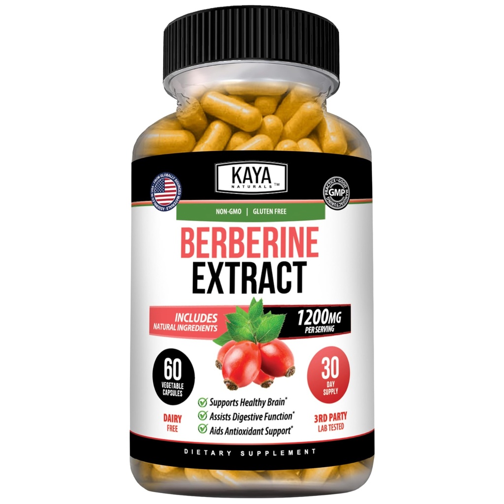Kaya Naturals Berberine HCL Extract 1200mg - Système immunitaire - Niveaux de glucose - Gut Health (Végétarien, non-OGM et sans gluten) Supplément berbère (60 Nombre (paquet de 1)