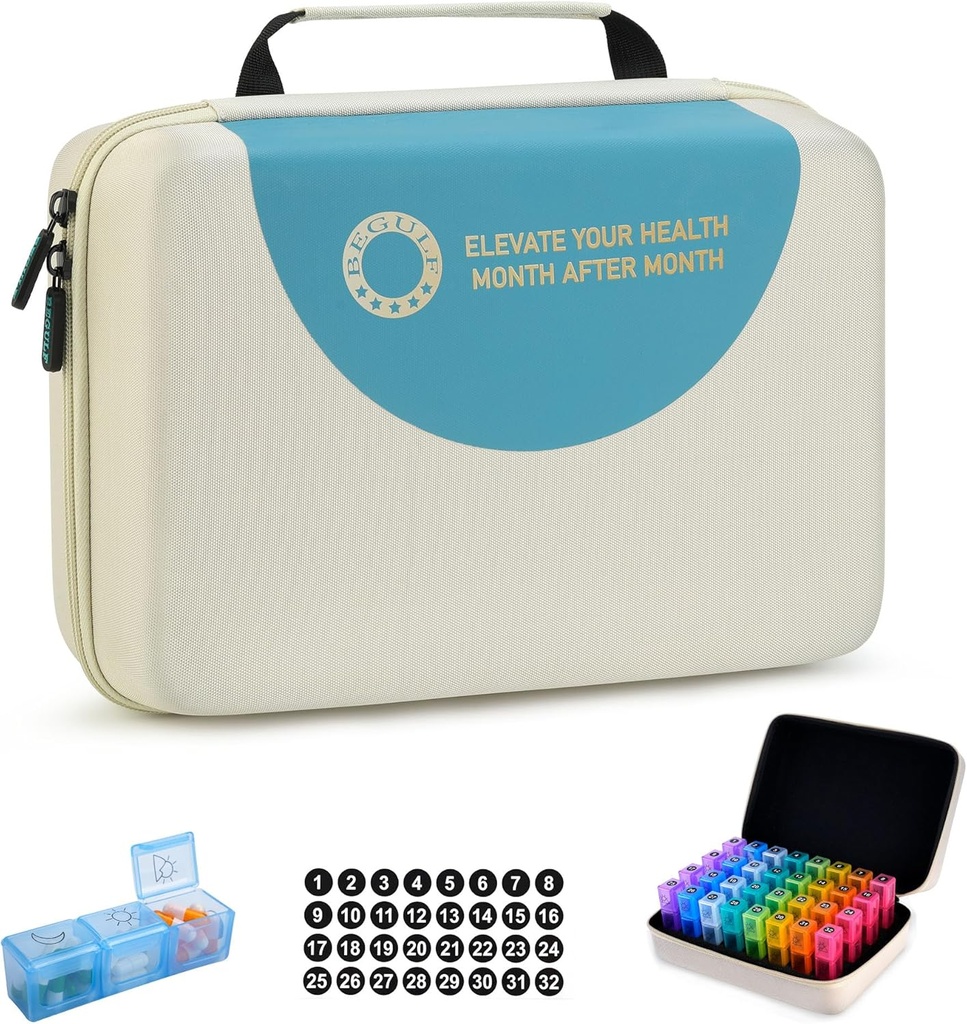 Drop-Proof organizzatore mensile pillola 3 volte al giorno, organizzatore della scatola di viaggio di 30 giorni con 32 scomparti giornalieri, scatola dell'organizzatore di medicina per la vitamina, olio di pesce, supplemento (beige)