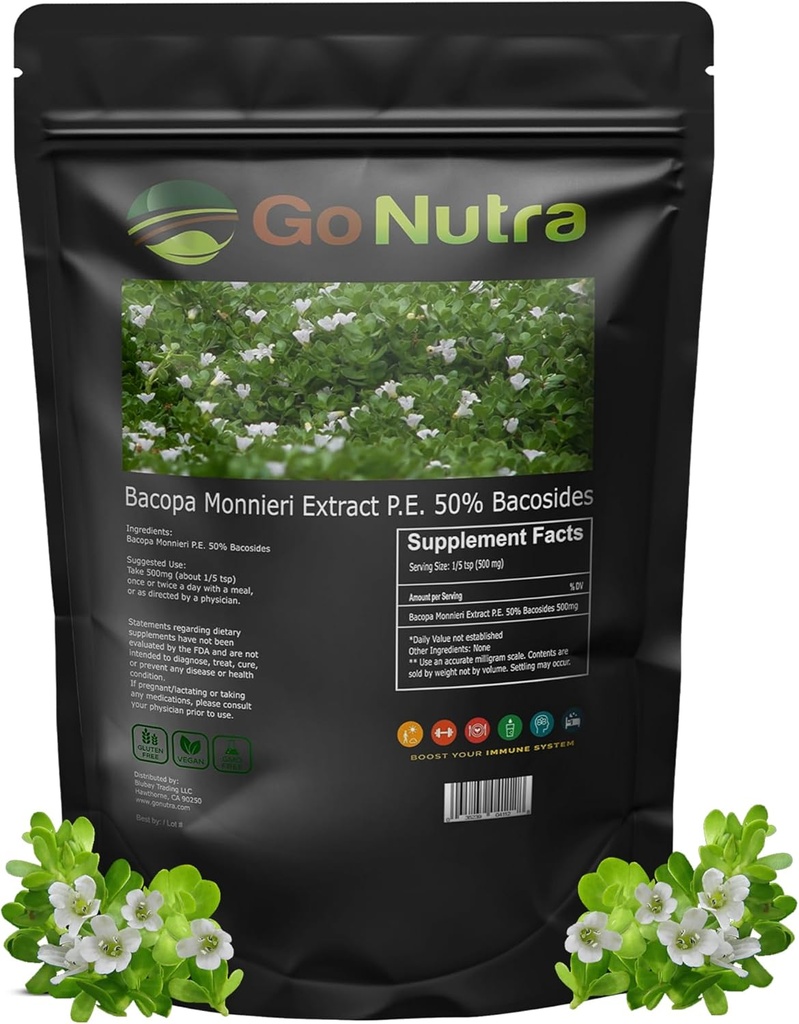 Go Nutra Bacopa Estratto di polvere (Bacopa Monnieri) 50% Bacosides - Estratto di erbe Brahmi Supplemento (8 oz.)