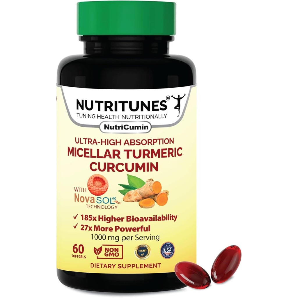 Kurkuma Ergänzung 1000mg für Joint Support-185x Bioverfügbar & Hohe Absorption mit NovaSOL Technologie – 60 NutriCumin Softgels