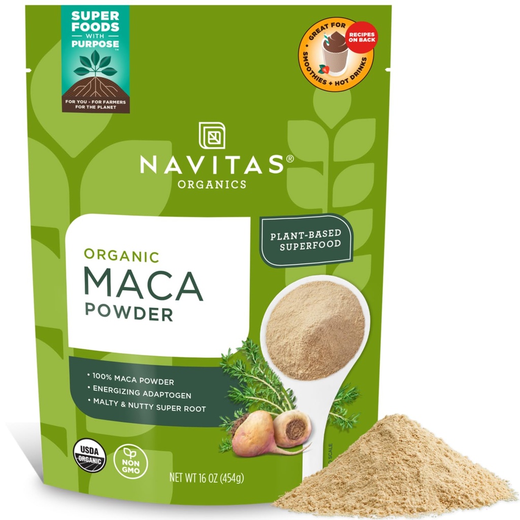 Navitas Organics Maca Powder – 100% Gelatinisierter peruanischen Maca für Glatte, Lattes, Baking & More – Energize & Balance - USDA Organic, Non GMO, Vegan, Gluten Free (16oz. Tasche, 180 Servietten, 2-Pack)