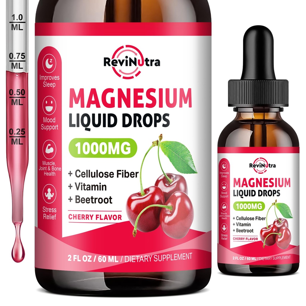 Magnesio Glycinate Liquid Drops, 1000mg Magnesio Glycinate, Citrate & Taurate con Fibra, Beetroot, Vitamina B & C per il sonno, Calma, Muscolo, Energia & Relax, 2 Fl Oz, Zucchero-Free Cherry Flavor