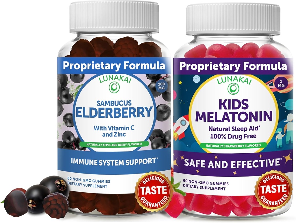 Lunakai Adult Elderberry and Kids Melatonin Gummies Bundle - Supporto immunitario con zinco e vitamina C per adulti e bambini - Non-GMO, Vegan, Gluten Free Sleep Gummy