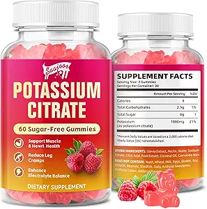 Kalium-Zitrat-Gummi 1000mg, Kalium-Ergänzung für Erwachsene Frauen & Männer, Unterstützung Leg Cramps & Muskel Gesundheit, 60 Count
