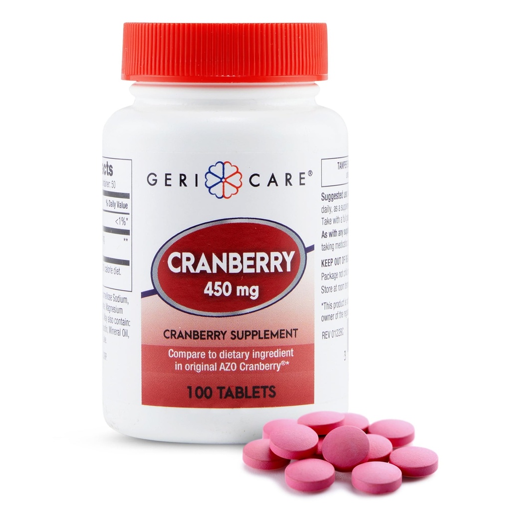 Supplément de canneberge à haute puissance par GeriCare- Comprimés de canneberge pure de 450mg pour la santé du trac urinaire- Prévention de l'ITU naturelle pour les hommes et les femmes- GMO, sans gluten et sans lait concentré de canneberge [100 comte]