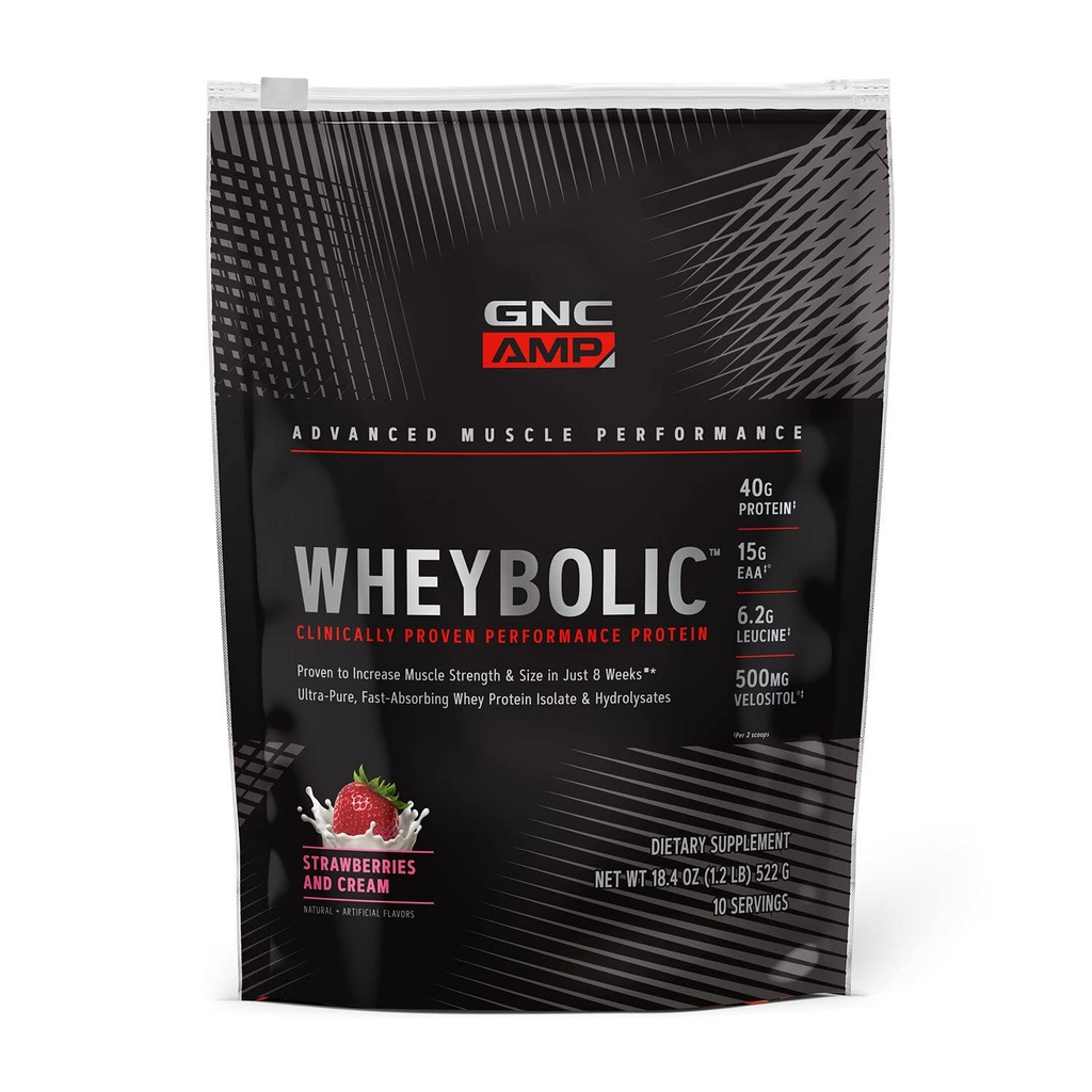GNC AMP Wheybolic Clinical Proven Protein Powder, 40g Whey Protein, BCAA, Leucine, erhöht Muskelkraft, Muskelaufbau, 3. Partei Getestet, Glutenfrei, Erdbeeren und Creme, 10 Portionen