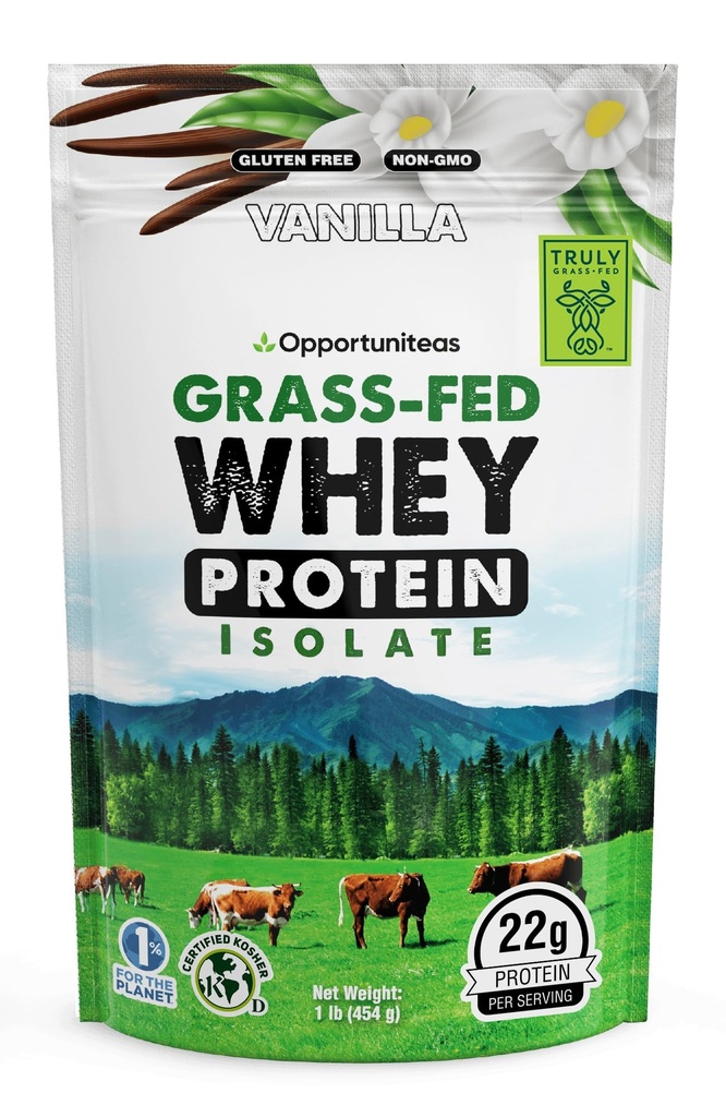 Opportuniteas Grass Fed Vanilla Whey Protein Isolate Powder - 22g Protein Pulver ohne künstliche Süßungsmittel, Hormonfreie Kühe, GMO - 1lb