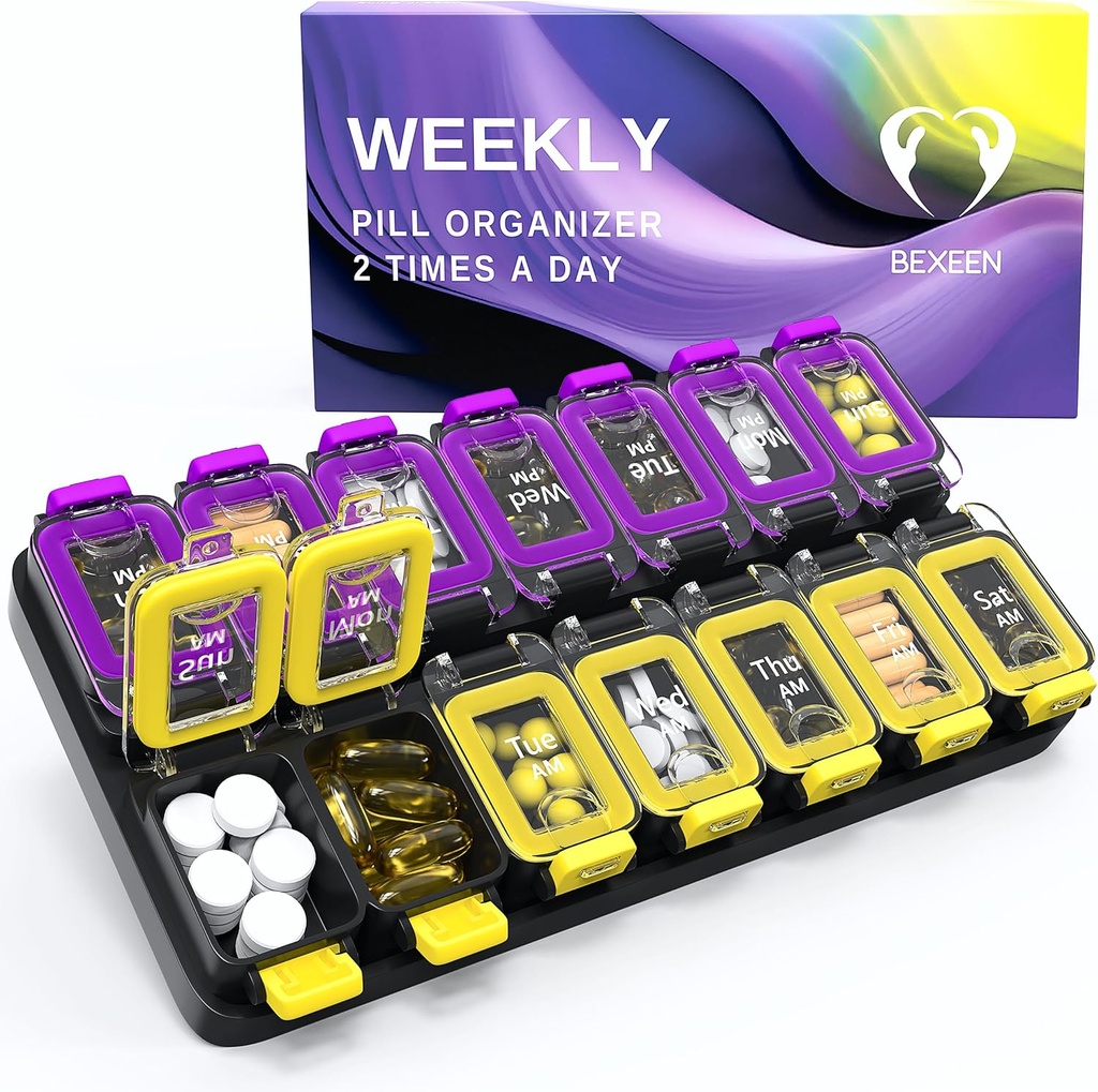 Extra Large Weekly Pill Organizer 2 volte al giorno - Airtight Pill Box 7 giorno - Am Pm Vitamin Case - Medicine Container Two Week Supplement Holder Daily Medicine Storage Twice Med XL Yellow/Purple