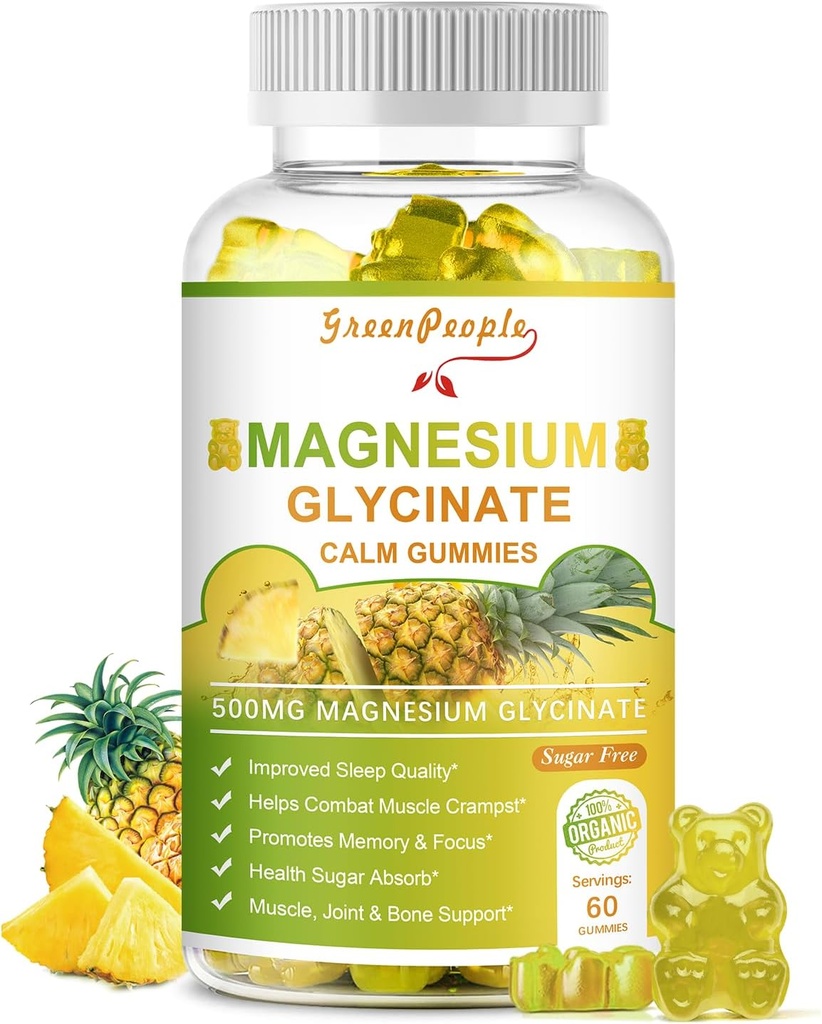 GREENPEOPLE Magnesium Glycinate Gummies with Citrate 1000mg, Taurate & Matale - Sugar Free - Magnesium Potassium Supplement with Vitamin D, K2 for Calm Mood & Zzz Support - 60 Pineapple Gummies