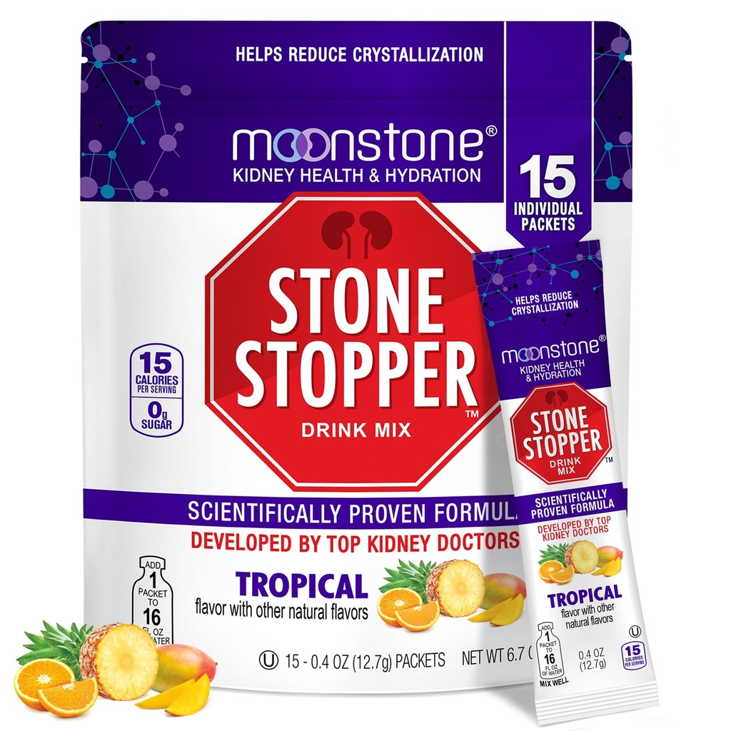 Moonstone Stone Stopper Drink Mix, Tropicale, Prevenzione di Pietra del rene, Calcium Oxalate Protector, Sviluppato dagli urologi per migliorare l'idratazione e la salute del rene di sostegno, alimentazione di 15 giorni